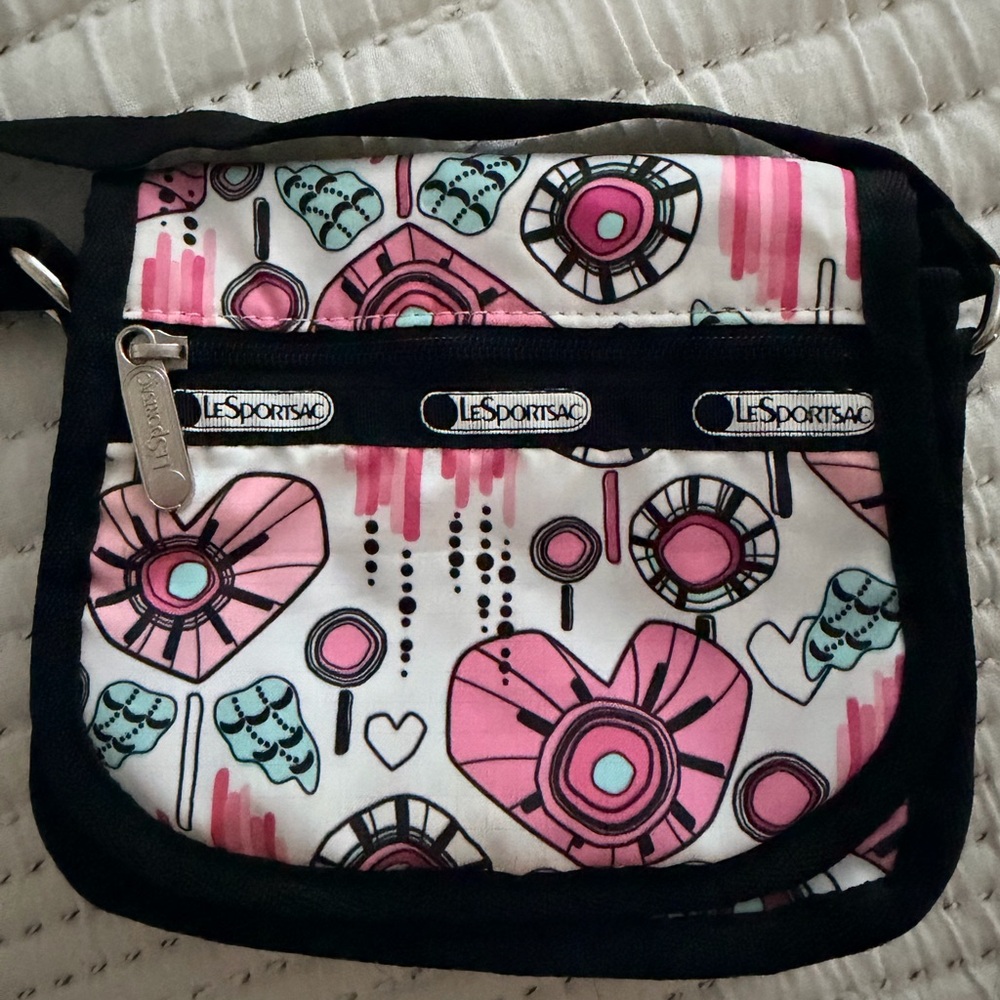 LeSportsac Pink, White & Mint Heart-Print Crossbody Bag with Black Trim